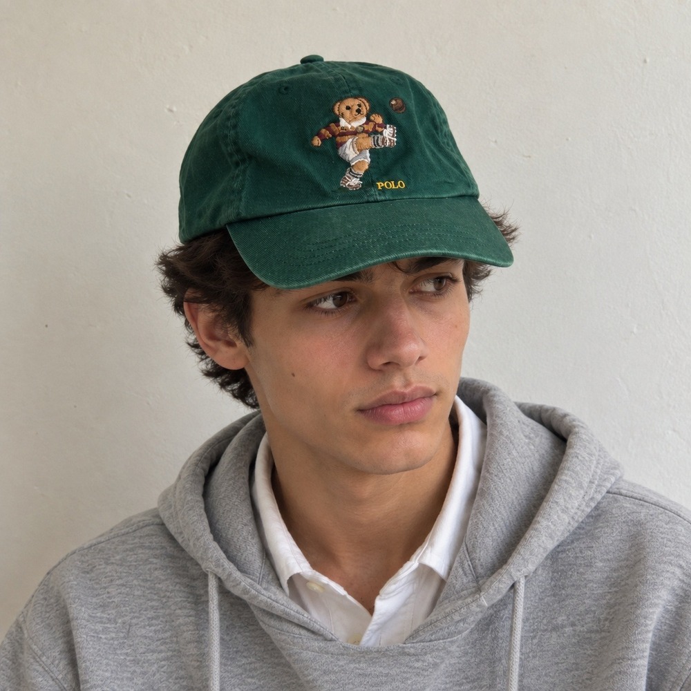 Polo Ralph Lauren Mens Polo Bear Hat OS Green Rugby Kicking Bear Embroidered